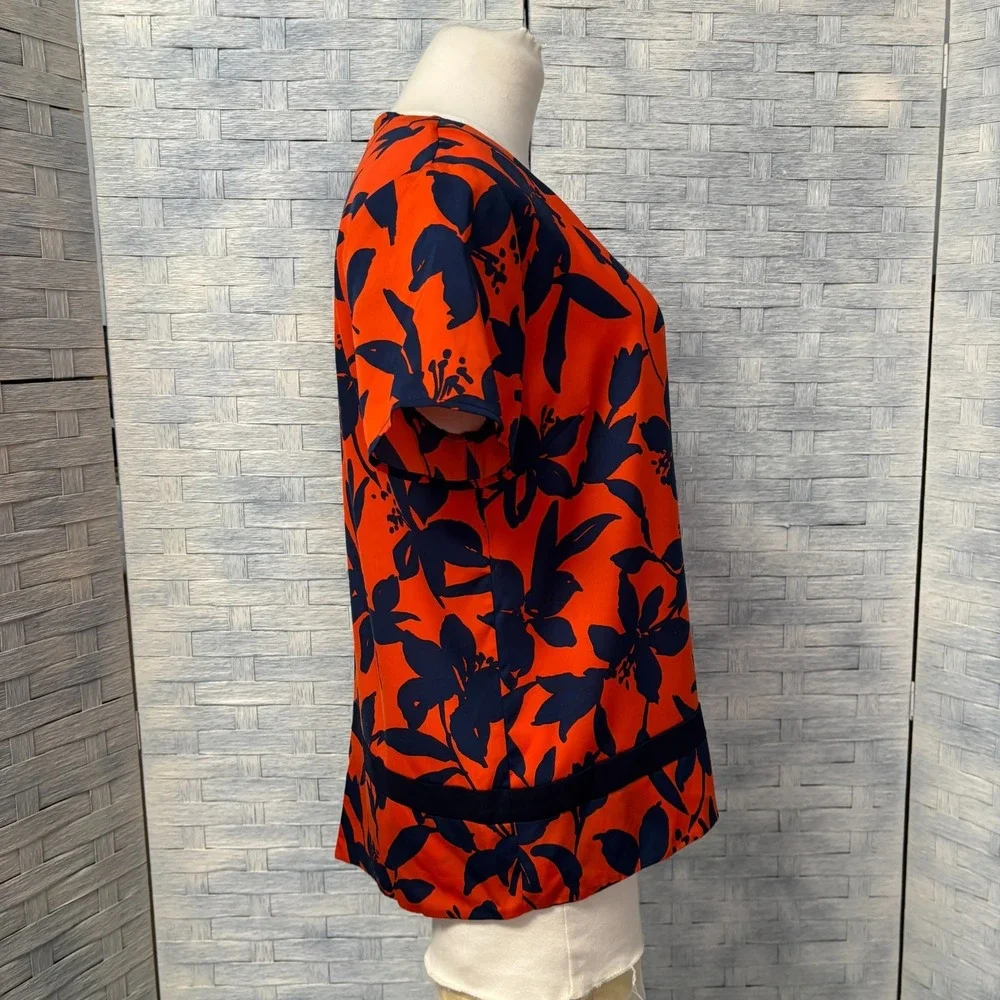 J. Crew Orange Navy Floral Print Short‎ Sleeve Tunic Top Medium